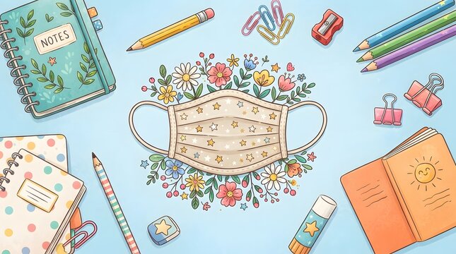 Flat lay of school supplies with a floral face mask in the center