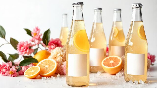 Glass bottles of floral citrus soda with blank labels isolated on a white background for mockup