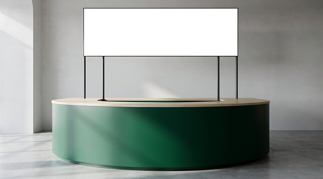 Modern Exhibition Stand with Blank Screen and Green Counter.