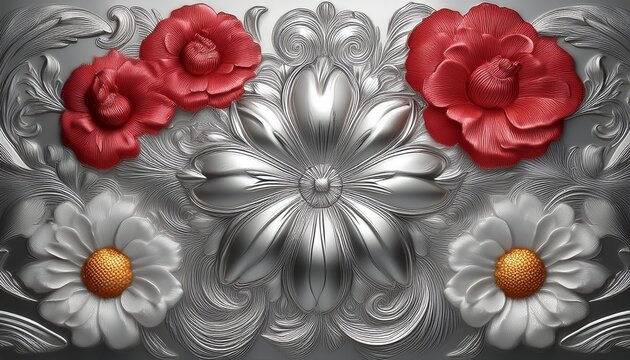 Silver Background With Carnation And Chamomile And Apple Relief