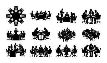 Fototapeta premium Business Meeting Silhouettes, Corporate Discussion Icons, Team Collaboration Vector Set