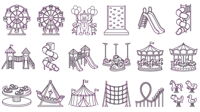 Set of playground equipment for children in black and white line art style.