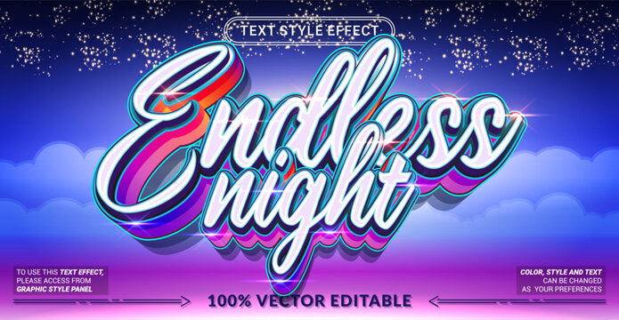 Editable Endless Night text effect with glowing neon typography. Perfect for nightlife branding, music events, gaming, futuristic posters, social media, and creative designs.