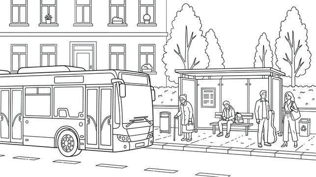 Public bus arriving at street stop with waiting passengers line art.