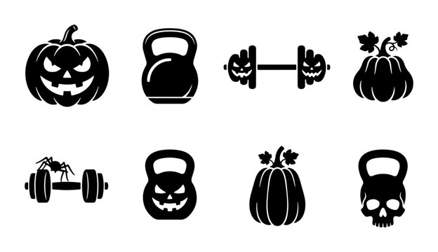 Halloween Fitness Icons: Pumpkin Dumbbell Skull Kettlebell Vector Set
