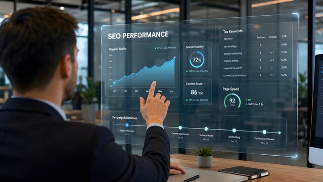 Seo performance dashboard analyzing organic traffic keyword rankings website optimization for business growth