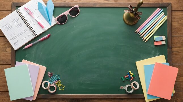 School supplies on a green chalkboard background with copy space