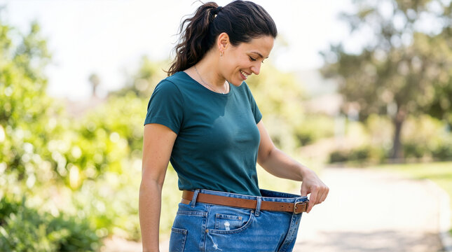 Happy woman showing weight loss success by pulling oversized jeans outdoors. Smiling female demonstrating diet progress and fitness milestone in a park