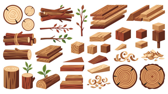 Wood lumber and firewood collection with different shapes sizes and textures.