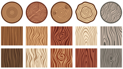 Collection of various wood grain textures and cross section tree stump rings. © Akter