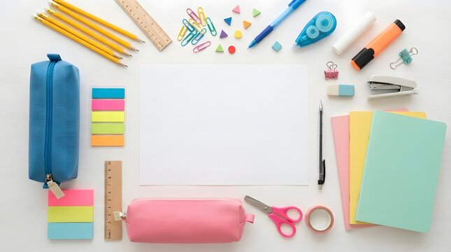 Flat lay of school supplies with notebooks, pencils, and stationery isolated on white background