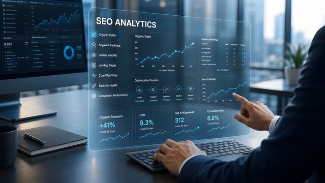Seo analytics dashboard boosting organic traffic keyword rankings website performance