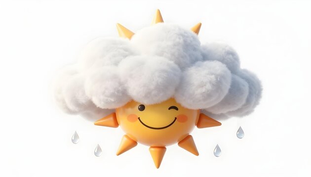 Cute cartoon sun character peeking from behind a fluffy cloud with rain drops