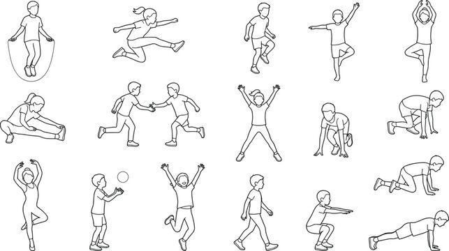 Kids Fitness Line Art Character Set with Children Sports Exercise and Active Movement Poses