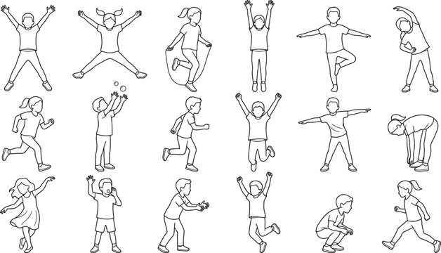 Kids Fitness Line Art Character Set with Children Exercise Poses and Physical Activity Illustrations