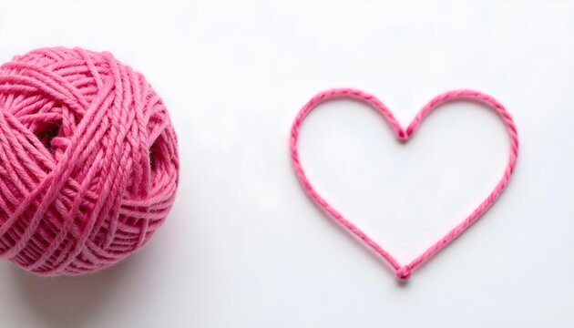 Pink yarn ball and heart shape on white background, symbolizing love and crafts