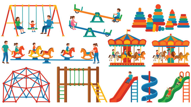 Kids playground set with slides swings seesaw and carousel outdoor.