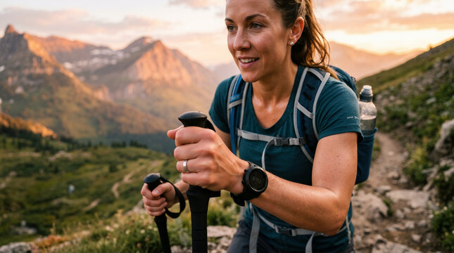 Smiling woman hiking on a mountain trail with trekking poles at sunset. Active female adult wearing a backpack and smartwatch outdoors