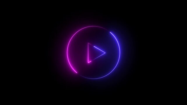 Neon Play button sign icon animation glowing blue color circle media audio and video music stop player pause press click push start button press icon on black background