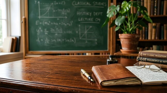 Vintage classroom desk with open notebook, fountain pen, and glasses in front of a chalkboard