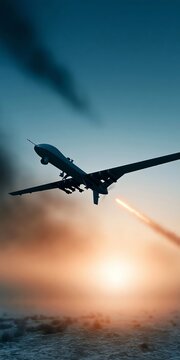 Unmanned military combat drone vehicle Uav launching hellfire guided missile during sunset mission.