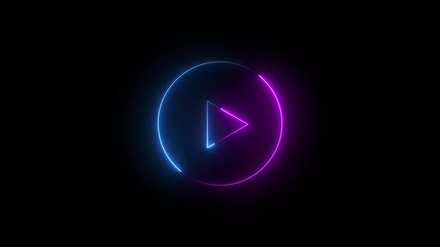 Neon Play button sign icon animation glowing blue color circle media audio and video music stop player pause press click push start button press icon on black background