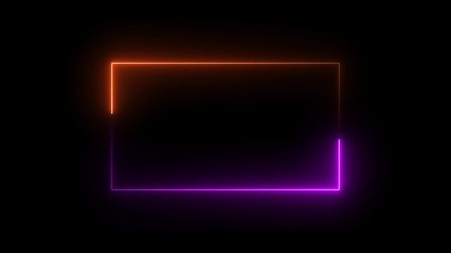 Square rectangle picture frame with two tone neon color motion graphic on isolated black background, ordar frame display box round shape retro screen photo frame, rectangle icon animation. 4k videos