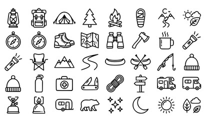 Fototapeta premium Camping Icons Set with Lantern Backpack Tent and Tree Line Vector Collection