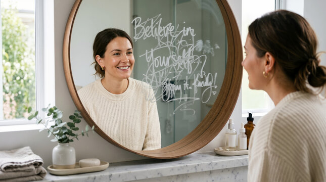 Smiling woman looking at her reflection in a bathroom mirror with motivational text. Daily morning routine and positive mental health affirmation concept