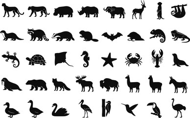 Fototapeta premium Wild animals silhouette icon set with mammals, reptiles, and sea creatures clip art