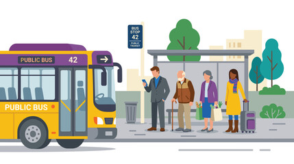People waiting at urban bus stop while public transit vehicle arrives. © Akter