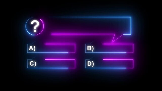 Quiz Neon Line Animation with option selection on black background Quiz Animation template, question and test menu choice quiz show question and answers. Motion graphics of question book concept