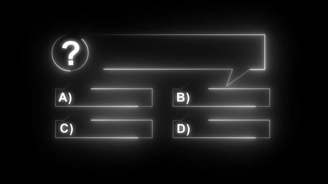 Quiz Neon Line Animation with option selection on black background Quiz Animation template, question and test menu choice quiz show question and answers. Motion graphics of question book concept