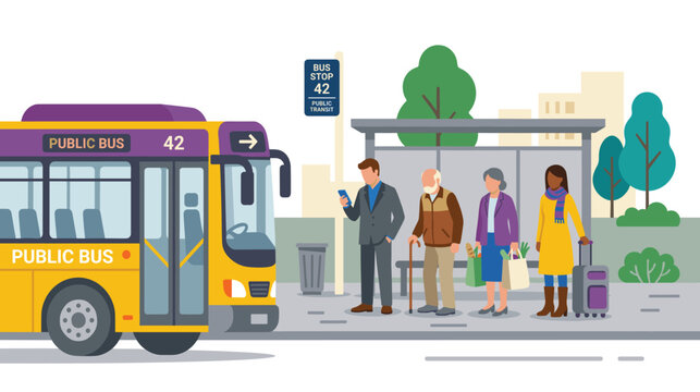People waiting at urban bus stop while public transit vehicle arrives.