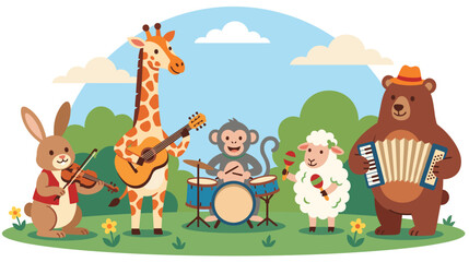 Naklejka premium Cute animal music band playing instruments on green meadow with clouds.