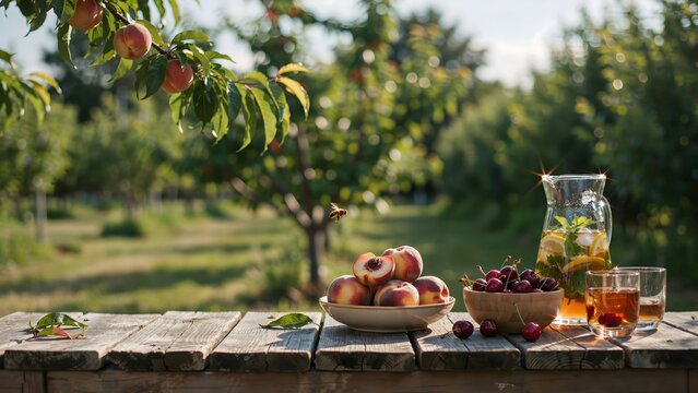Orchard bench picnic with peaches and iced tea &ndash; Great for organic produce, seasonal food blogs, or country lifestyle.