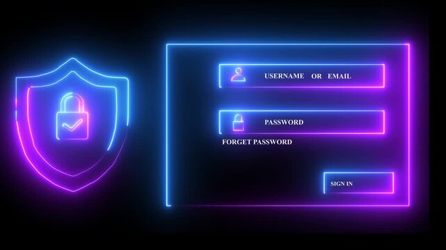 Neon Cyber Security Login Screen with Shield and Input Fields password username. Safe Login Interface with Password Protection, Cybersecurity Measures.