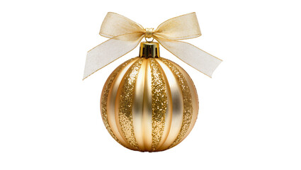 Obraz premium Golden striped Christmas ornament with glitter and bow, isolated on transparent background
