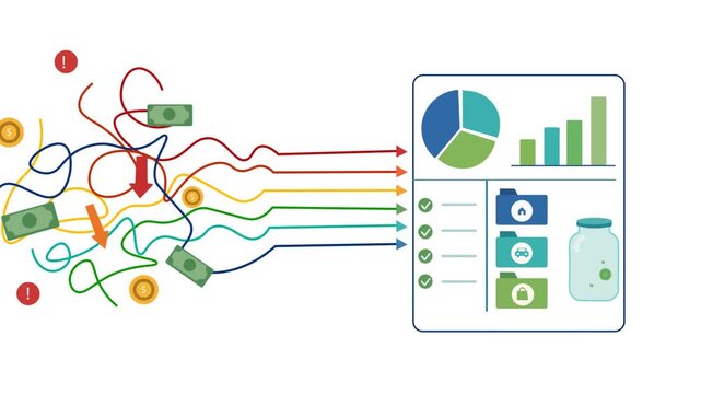 Tangled Financial Paths Transform Into An Organized Business Dashboard With Charts, Checklists, Assets, And Savings, Workflow Optimization, Budget Management, .Struggle and Success idea Concept 