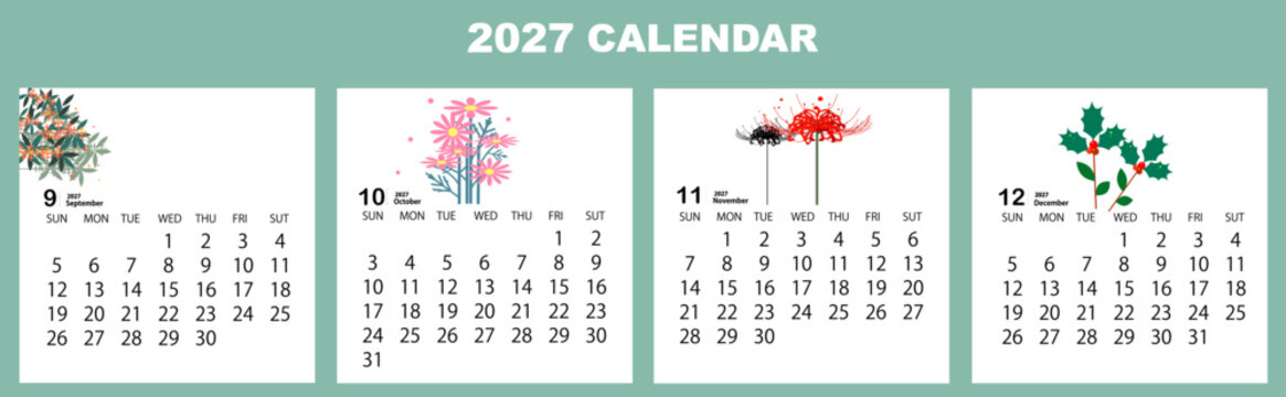 2027 calendar template set, September to December with autumn and winter plants, vector illustration