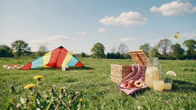 Picnic setup with kite and lemonade on green lawn &ndash; Perfect for park outings, weekend lifestyle, or spring promotions.