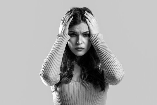 Pain and migraine. Girl suffering from headache. Cold symptoms. Black and white
