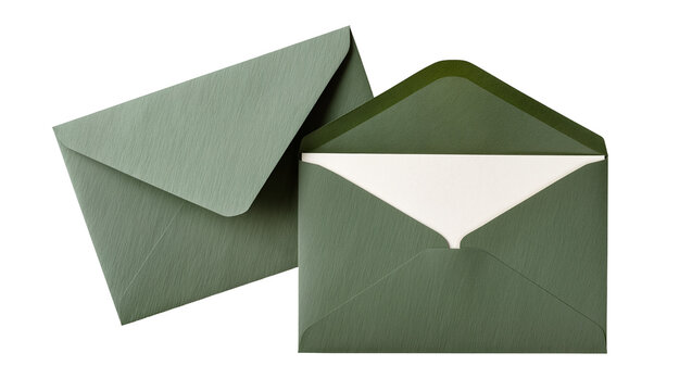 Two textured green envelopes one open revealing a white paper insert, isolated on transparent background