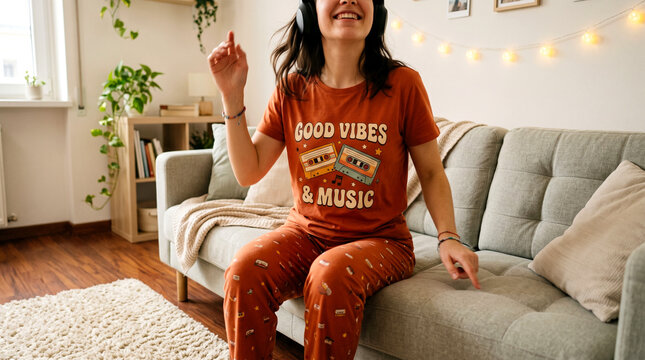 young woman listening music with headphone while sitting on sofa