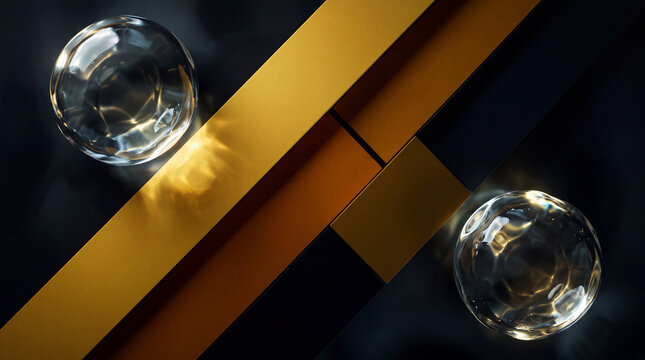 Reflective Clear Glass Orbs on Ochre Gold and Dark Bronze Diagonal Panels Background