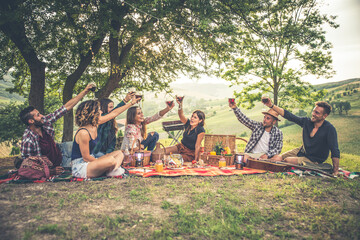 Obraz premium Group of young friends celebrating and sharing a happy outdoor picnic with wine, food, and music, enjoying togetherness in a scenic vineyard landscape during sunset