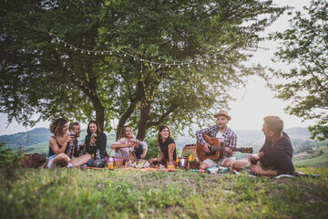 Obraz premium Group of young friends celebrating and sharing a happy outdoor picnic with wine, food, and music, enjoying togetherness in a scenic vineyard landscape during sunset