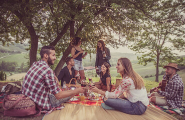 Obraz premium Group of young friends celebrating and sharing a happy outdoor picnic with wine, food, and music, enjoying togetherness in a scenic vineyard landscape during sunset