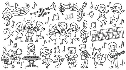 Children and animals playing musical instruments and singing together.