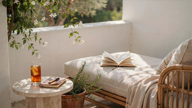 Luxury outdoor reading daybed with jasmine vines &ndash; Ideal for patio furniture, resort lifestyle, or home relaxation.